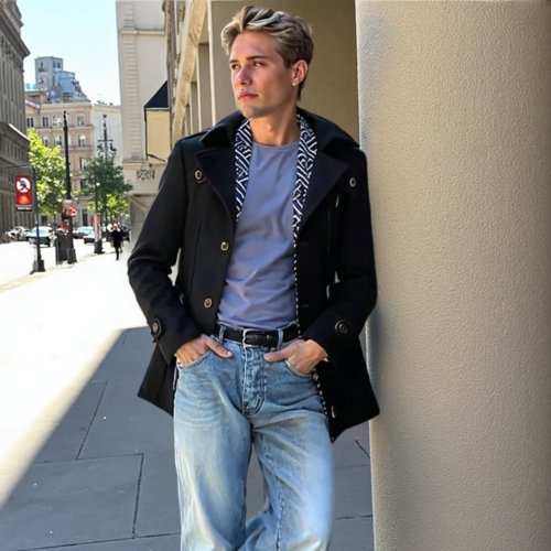 mens layered collar button front mid length coat