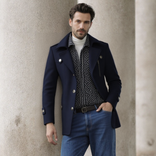 mens layered collar button front mid length coat