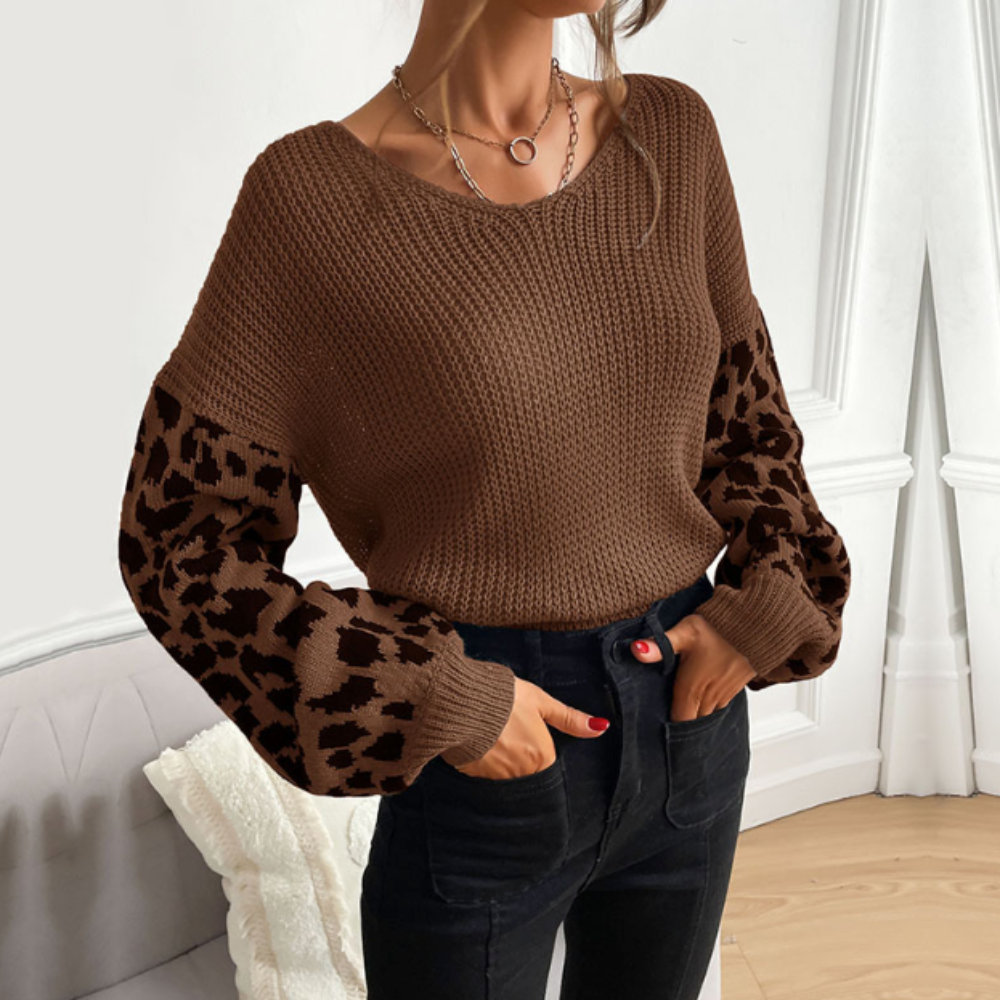 womens v neck sweater with leopard print sleeves