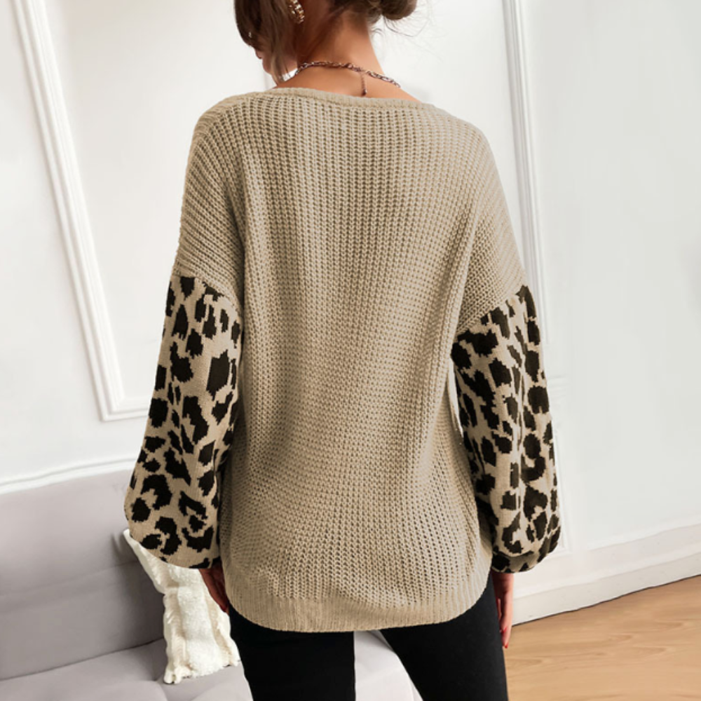 womens v neck sweater with leopard print sleeves