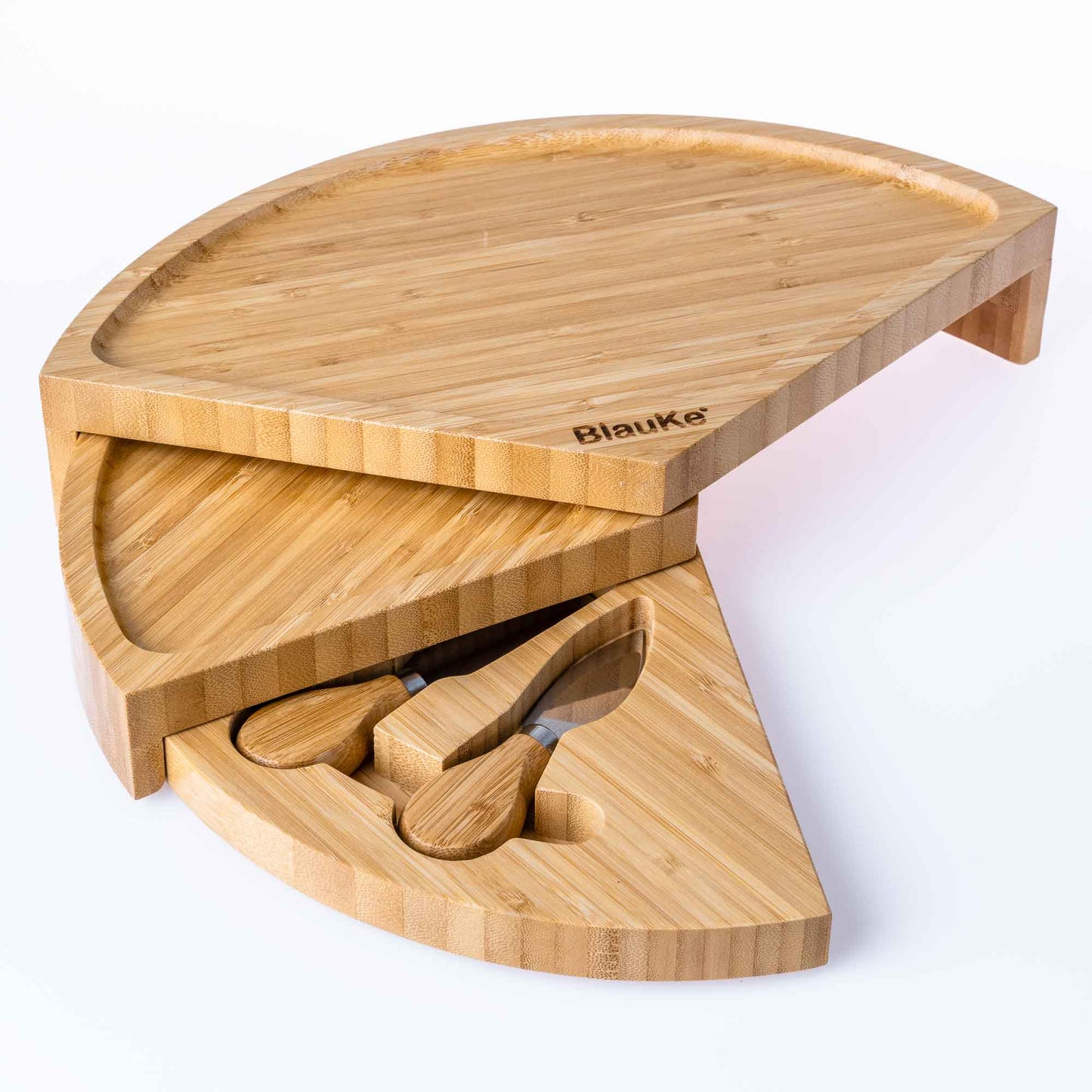 bamboo cheese board and knife set - 14 inch swiveling charcuterie