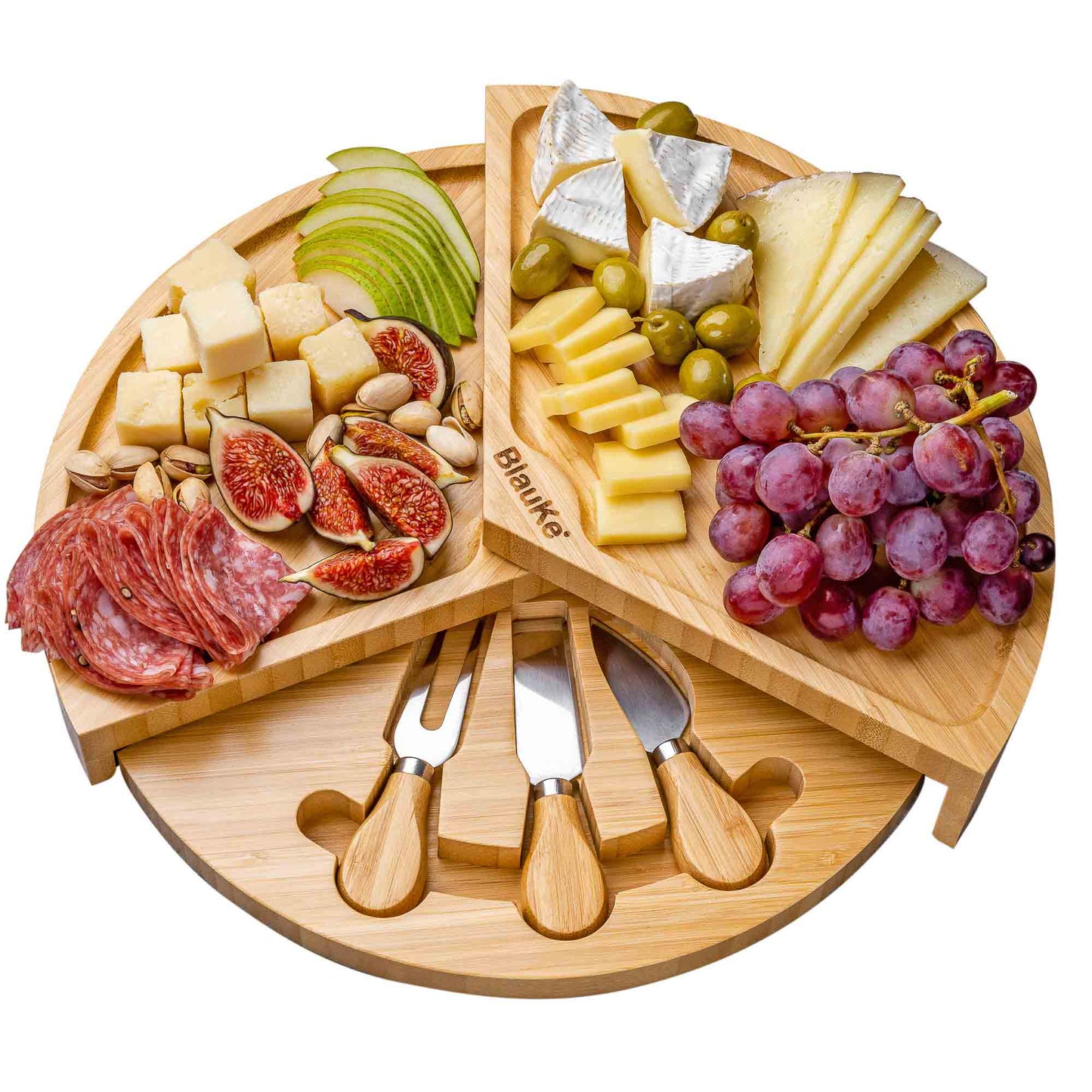 bamboo cheese board and knife set - 14 inch swiveling charcuterie
