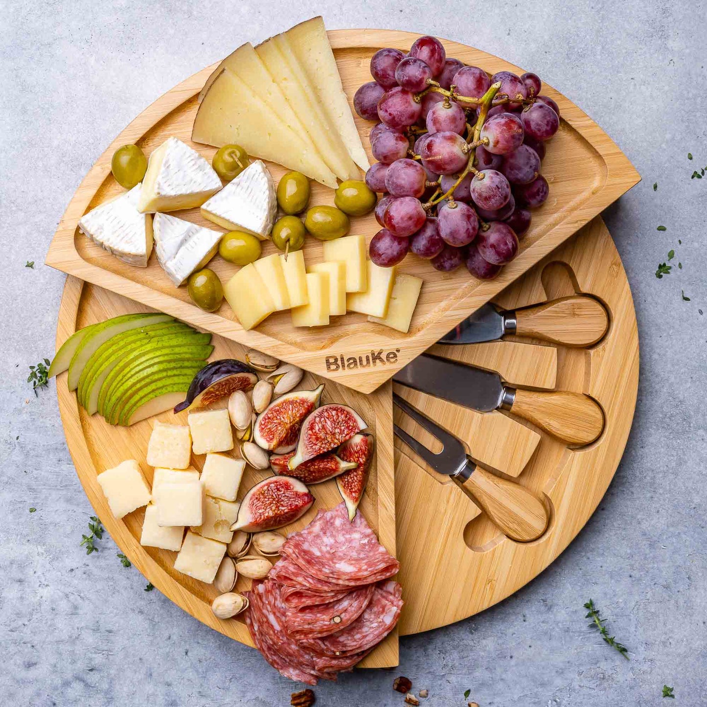 bamboo cheese board and knife set - 14 inch swiveling charcuterie
