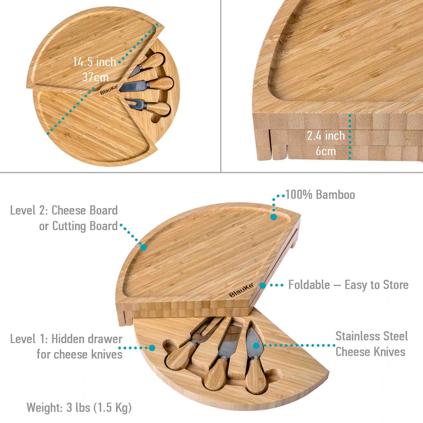 bamboo cheese board and knife set - 14 inch swiveling charcuterie