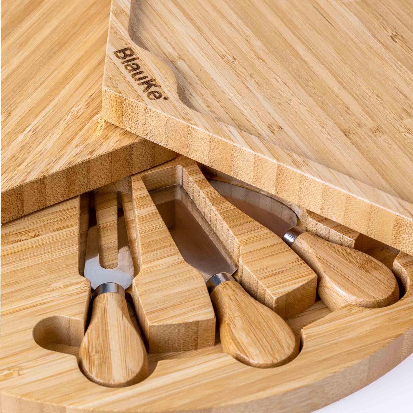 bamboo cheese board and knife set - 14 inch swiveling charcuterie