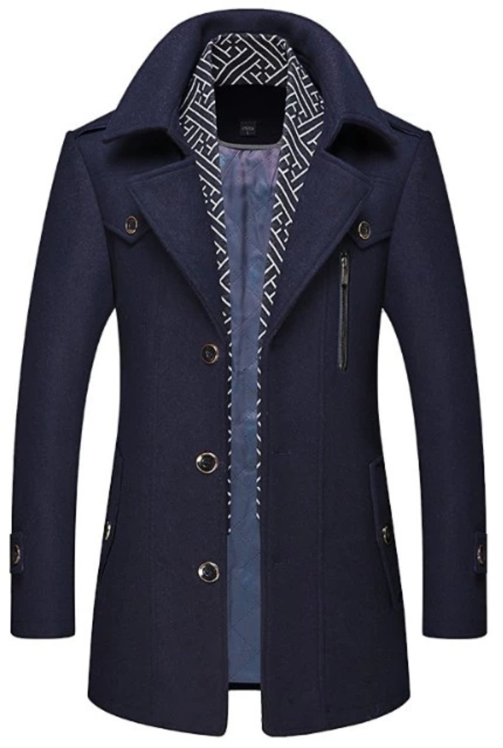 mens layered collar button front mid length coat