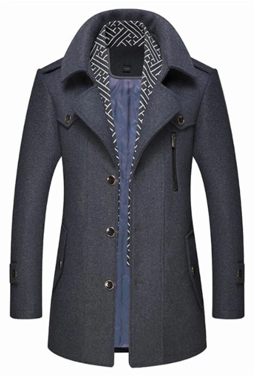 mens layered collar button front mid length coat