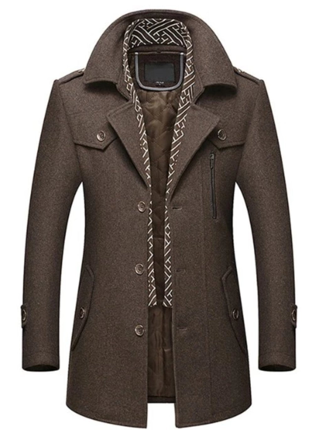 mens layered collar button front mid length coat