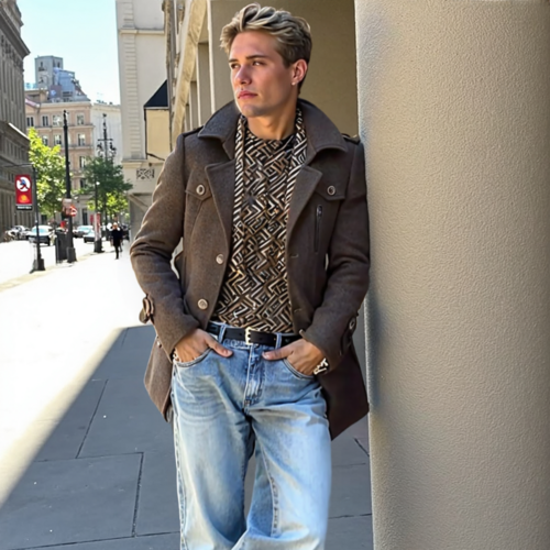 mens layered collar button front mid length coat