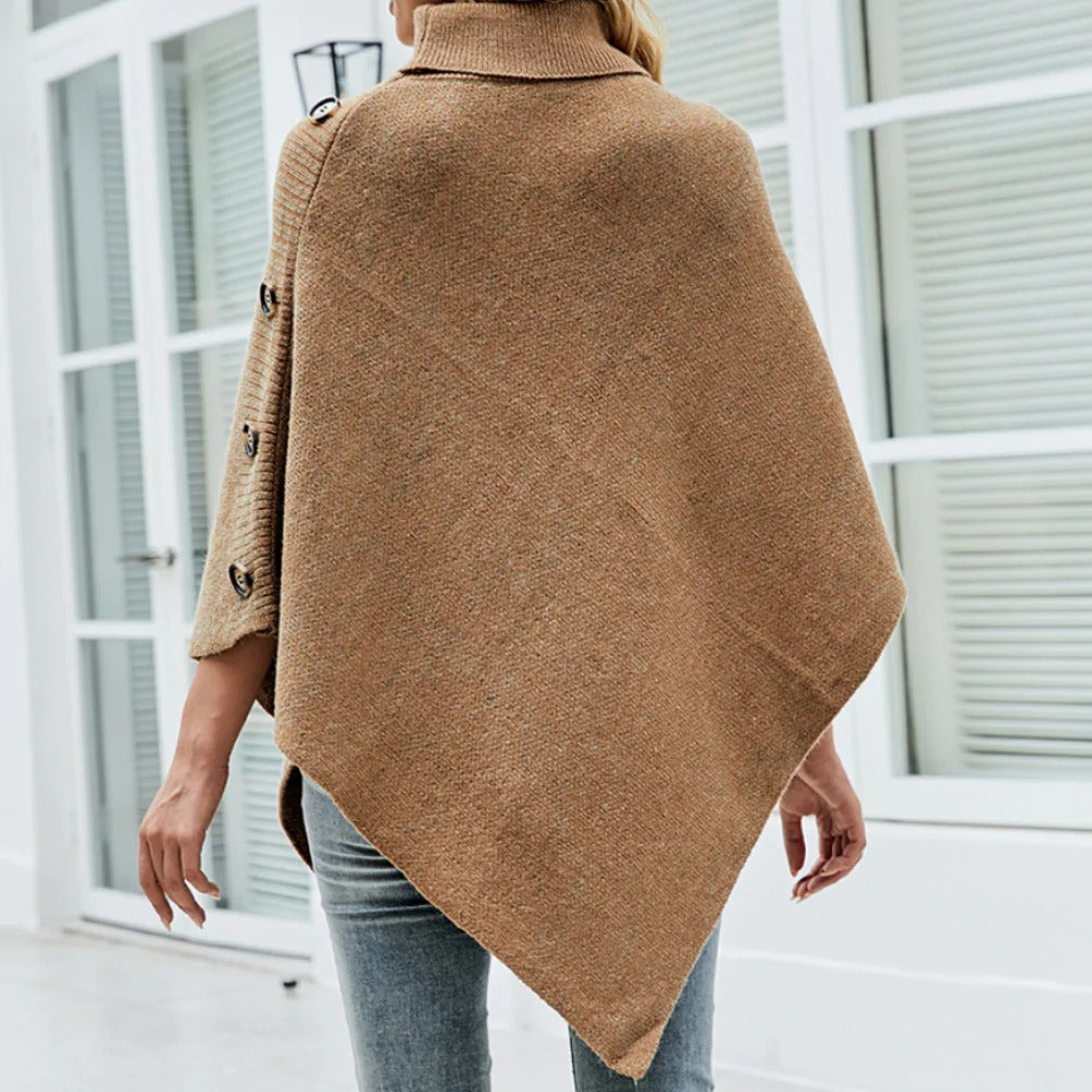 womens turtleneck poncho with side buttons details