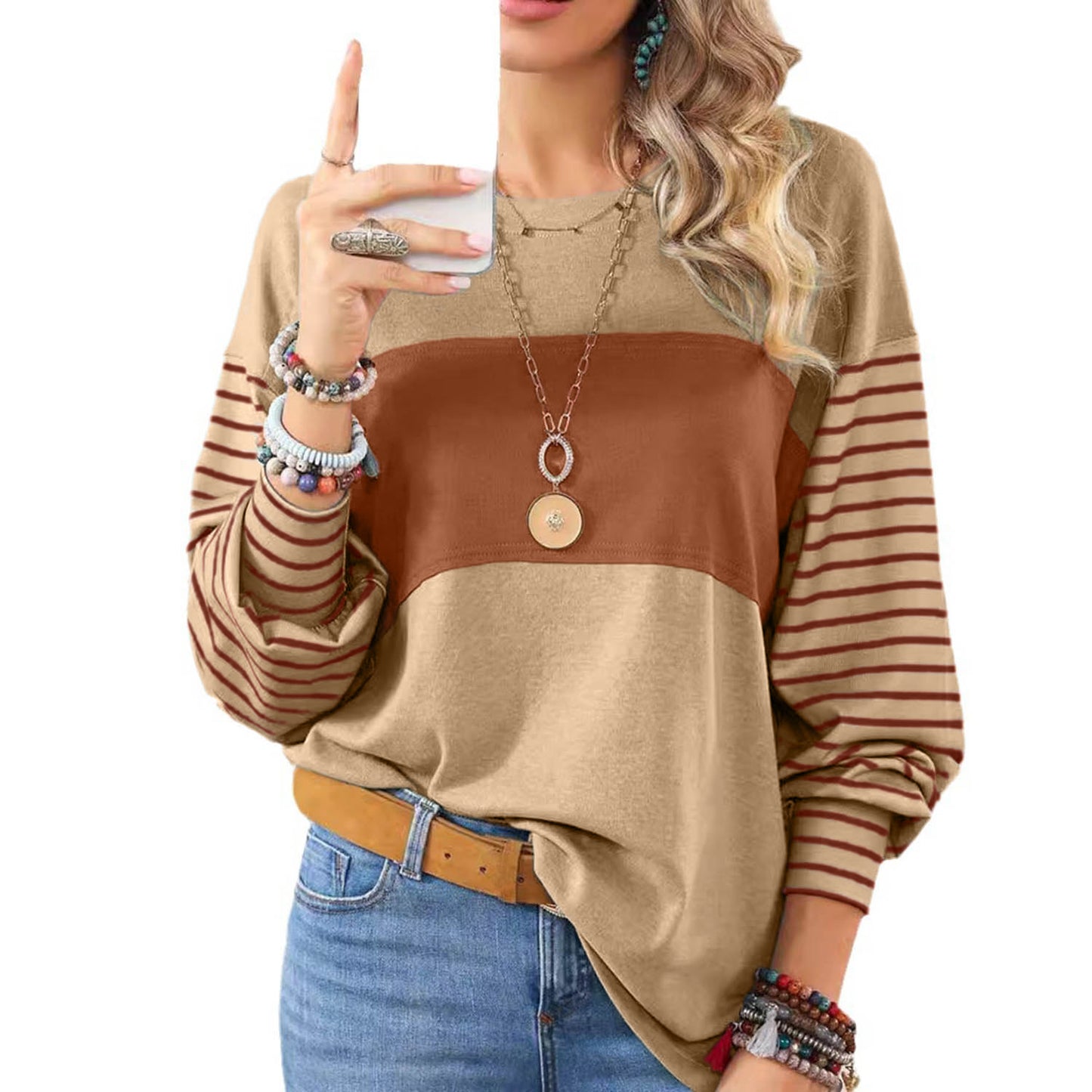 womens long sleeve pullover tops striped basice t-shirt