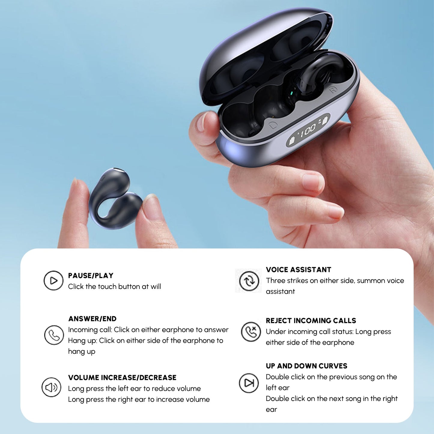 5.3 bluetooth open ear clip wireless earbuds with earhooks & digital