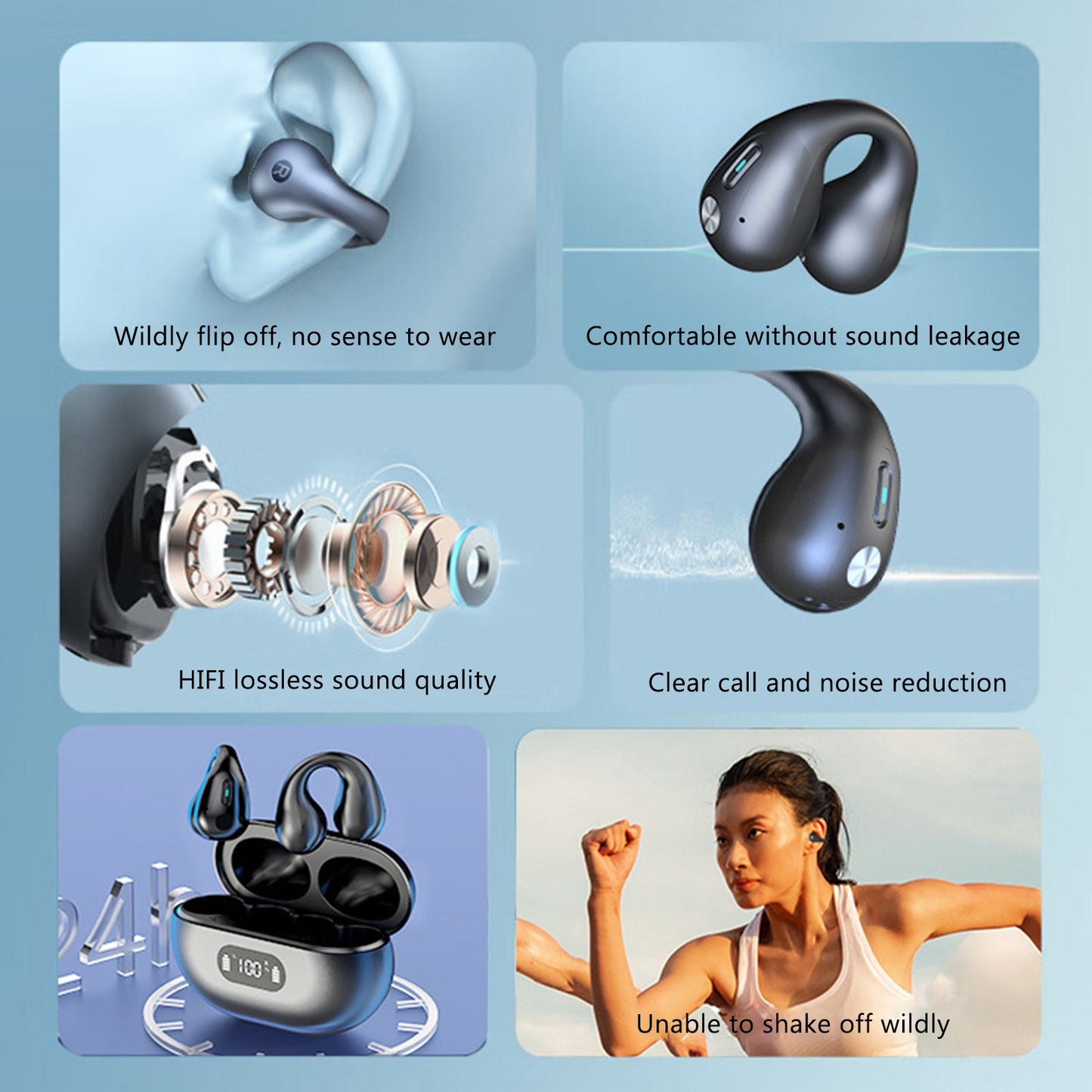 5.3 bluetooth open ear clip wireless earbuds with earhooks & digital